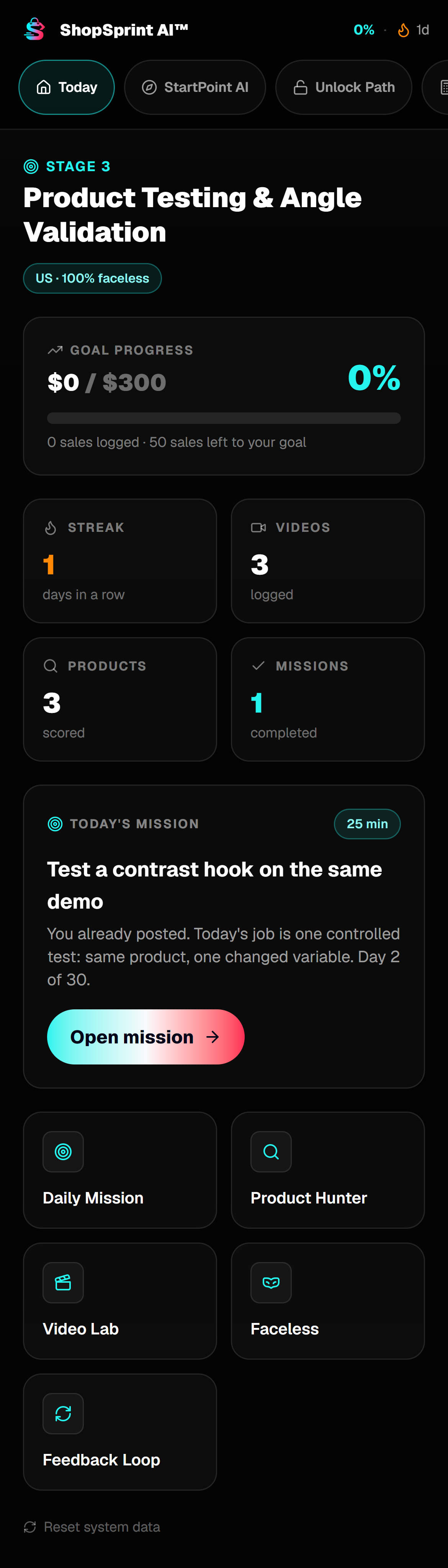 ShopSprint AI home with $300 goal, streak and today's mission