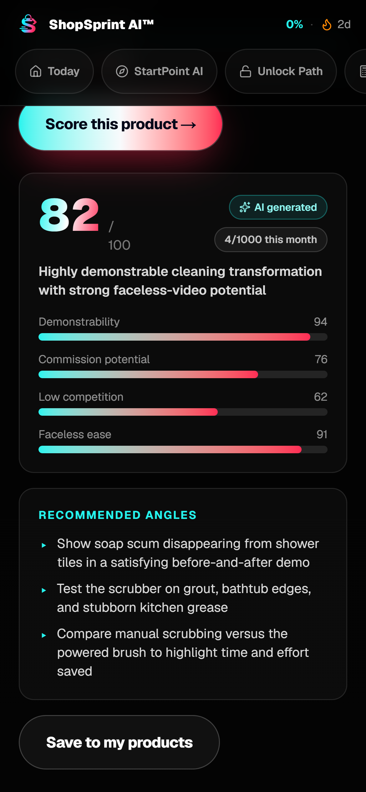 Product Hunter AI Shop Score and recommended selling angles