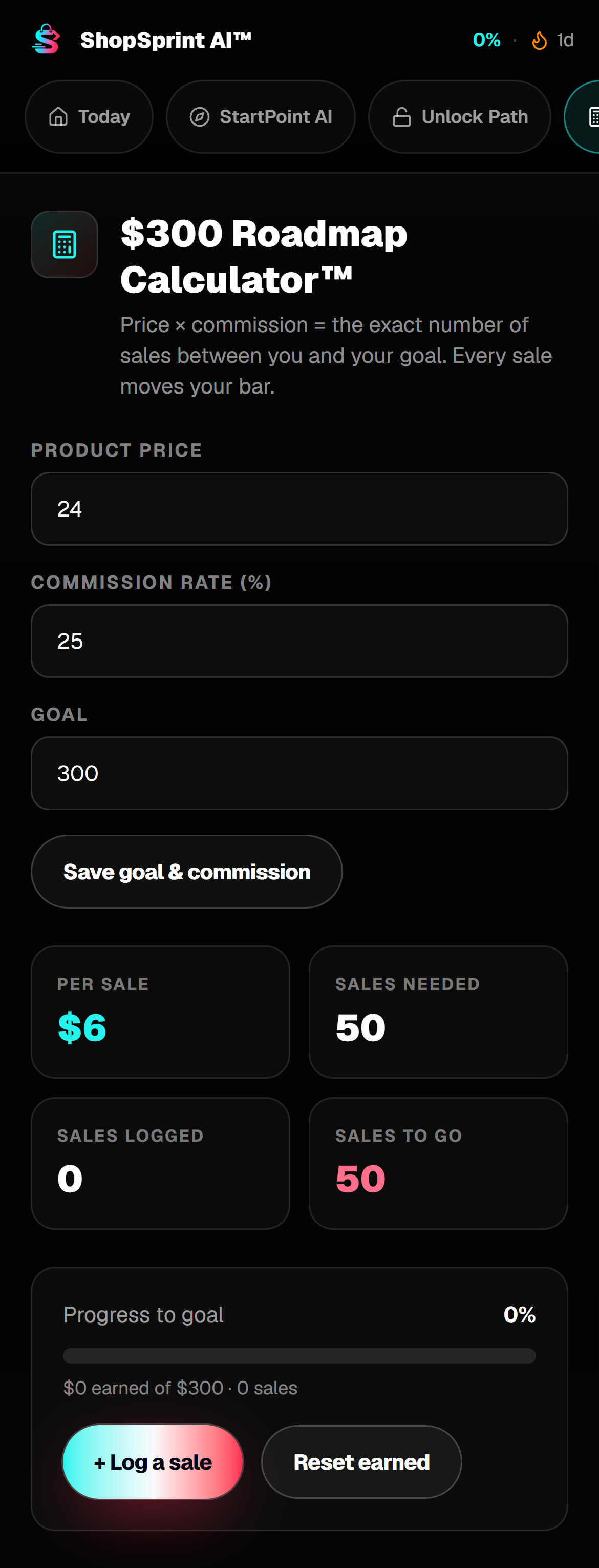 $300 Roadmap Calculator with sales needed, logged and remaining
